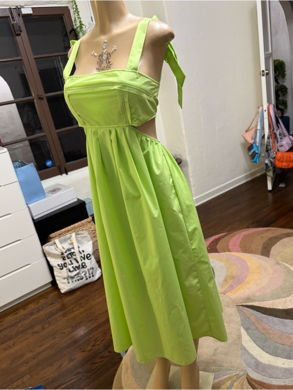 NWOT Lime Green Cut Out Tie-Shoulder Maxi Dress